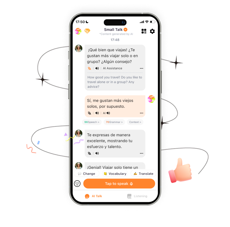 Spanish Ai mobile app showing conversation practice with AI assistance, grammar scoring, and learning tools